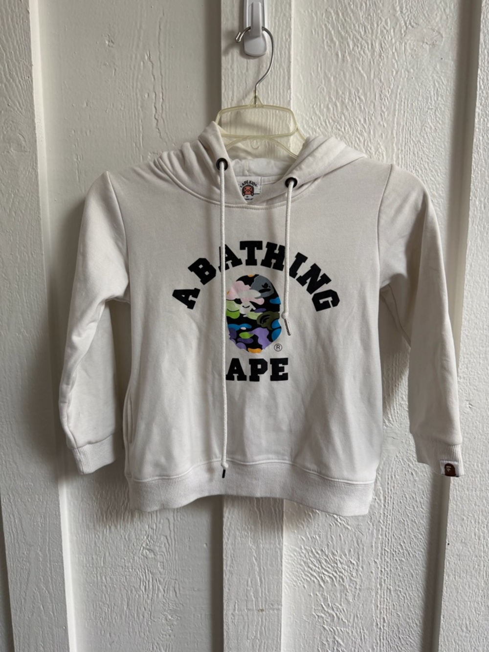A Bathing Ape White Hoodie with Multicolor Camo Ape Logo - kids 7-9